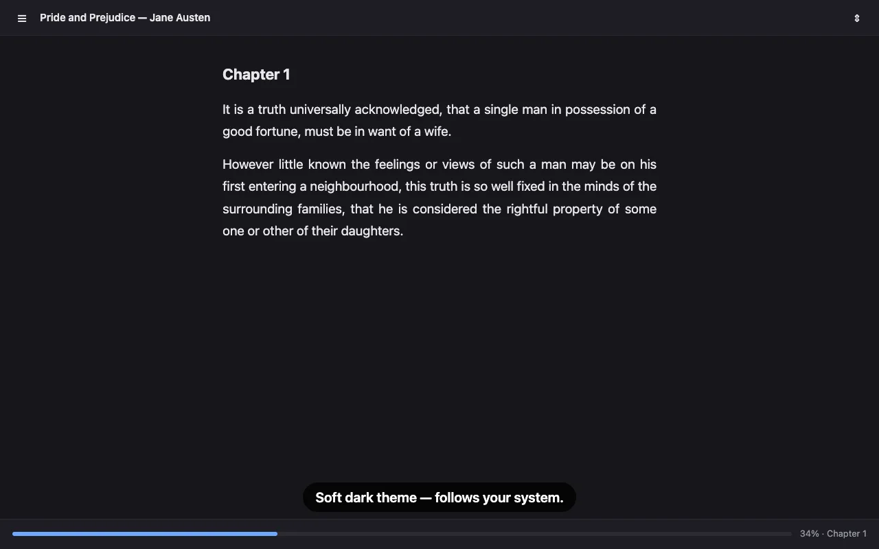 Readable width and typography out of the box, with a dark theme that follows the system