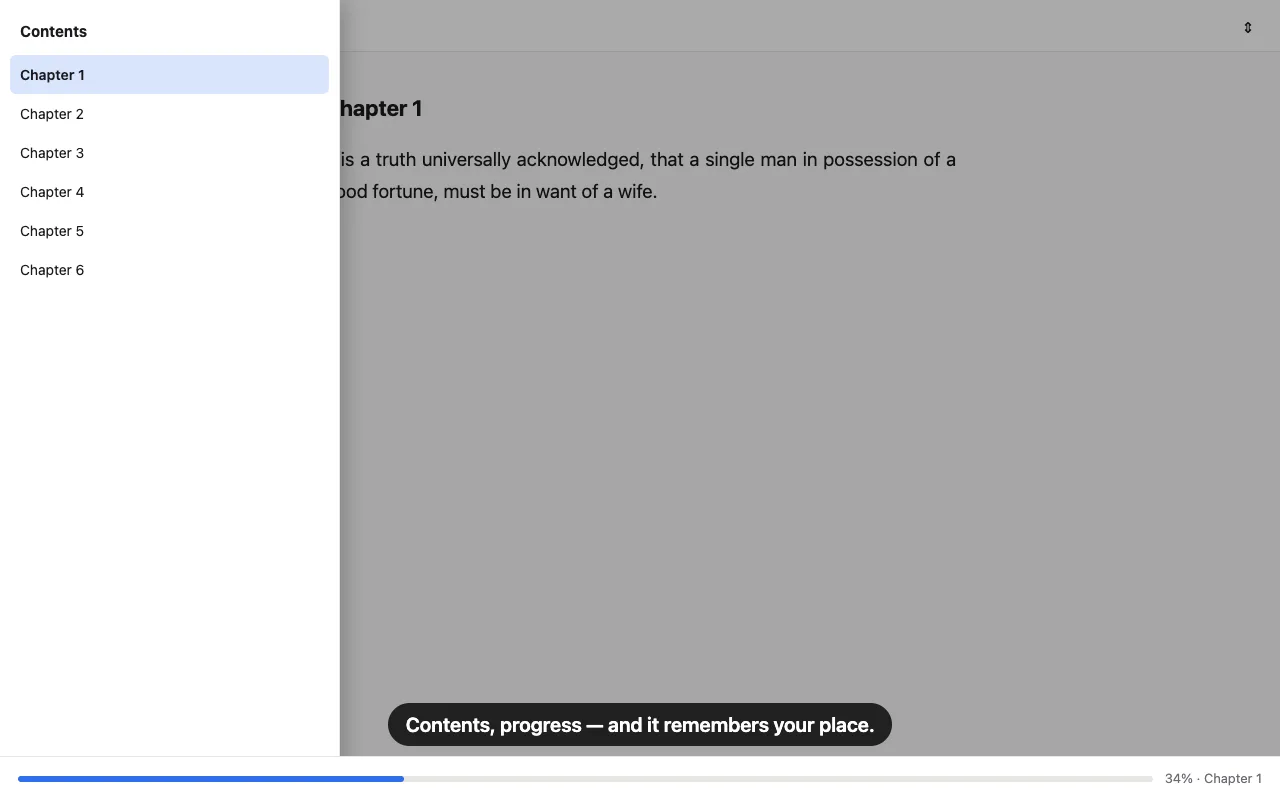 Contents, a progress bar with chapter marks, and it remembers where you stopped